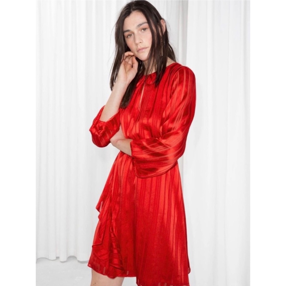 NWOT & Other Stories Red Stain Stripe Ruffle A-Line Mini Cocktail Dress Size 4